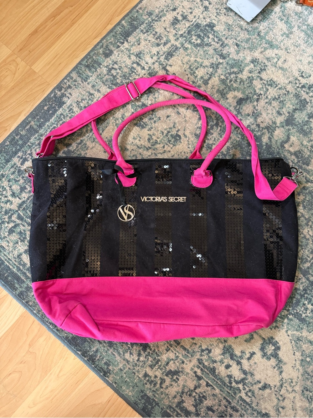 Victoria's Secret Black and Hot Pink Sequin Tote Bag